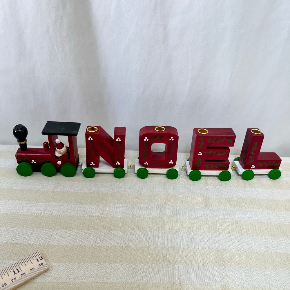 VTG Colonial Candle NOEL Wooden Train Candle Holder Set Santa Christmas Decor